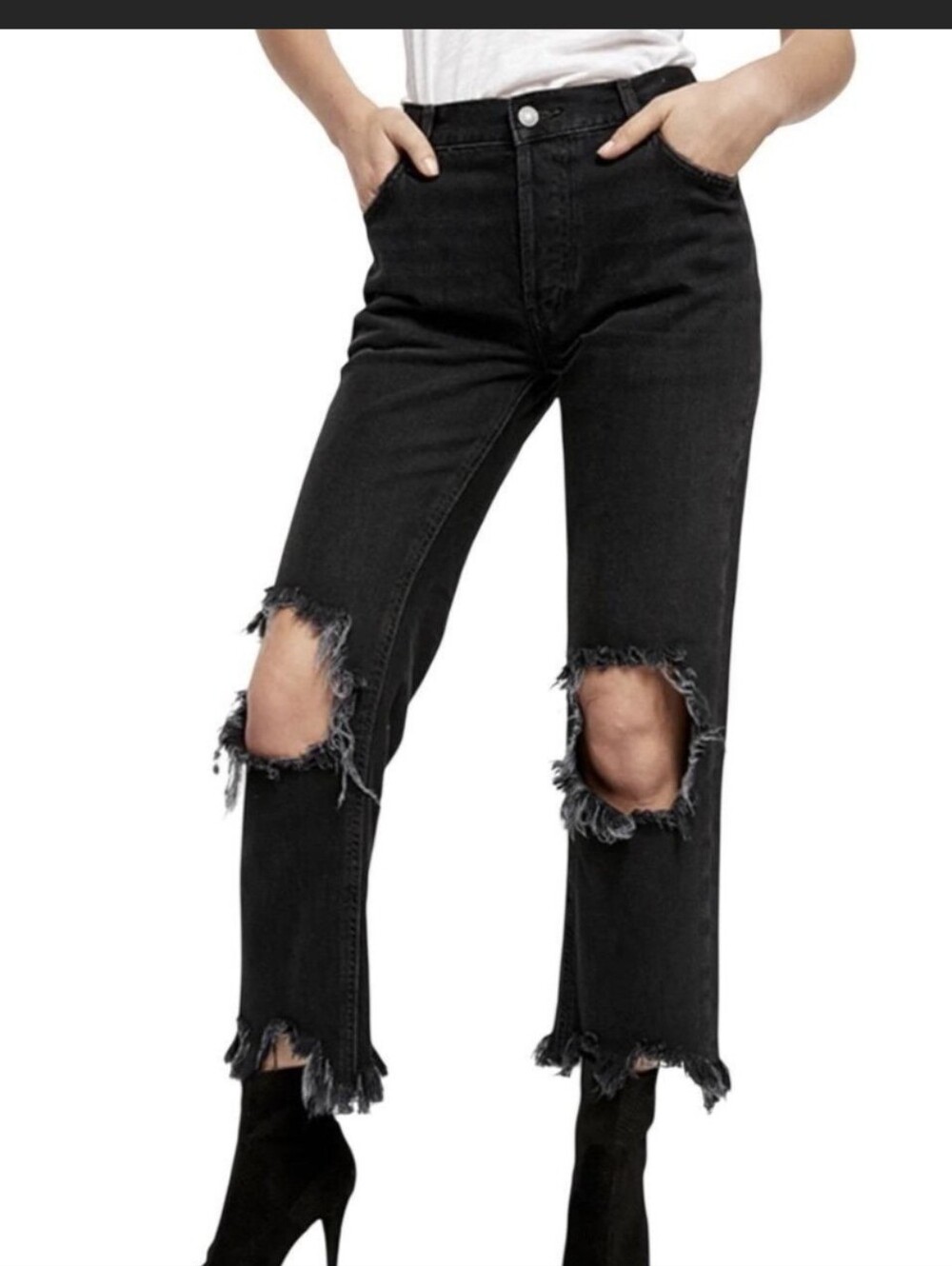We The Free Maggie Straight Black Distressed Cropped High-Rise Jeans